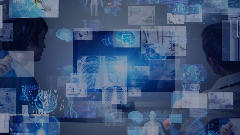 abstract X-rays, brain scans, anatomical diagrams, and data visualizations, symbolizing advanced healthcare technology and medical diagnostics.