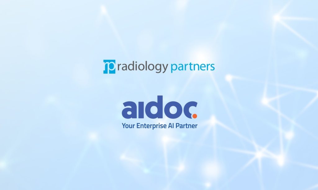 Logos of Radiology Partners and Aidoc appear on a light blue background with abstract white network lines. Radiology Partners logo is above; Aidoc logo with tagline “Your Enterprise AI Partner” is below.