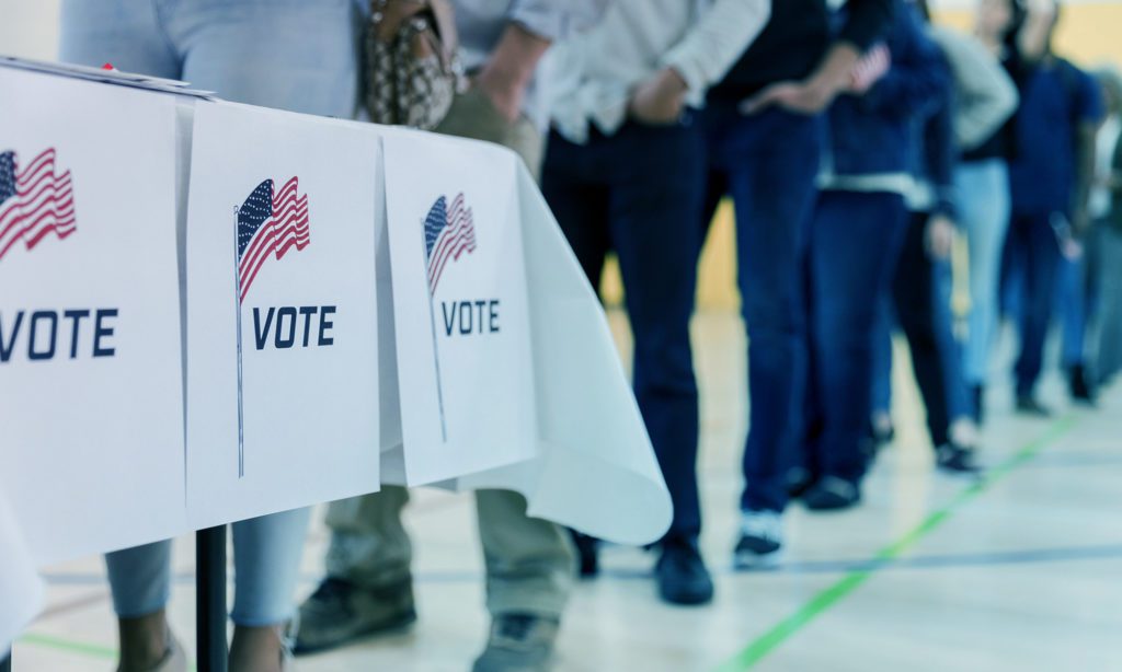 A line of people wait to vote at a polling station, with VOTE signs.
