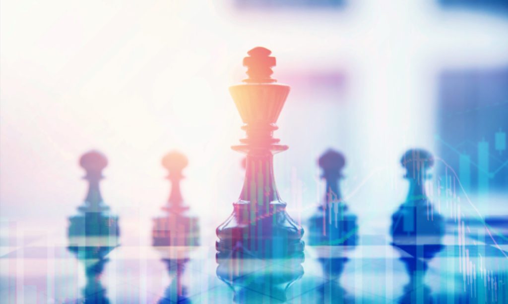 chess pieces on a board, with a prominent king in the center overlaid with abstract light effects and faint financial graph lines.
