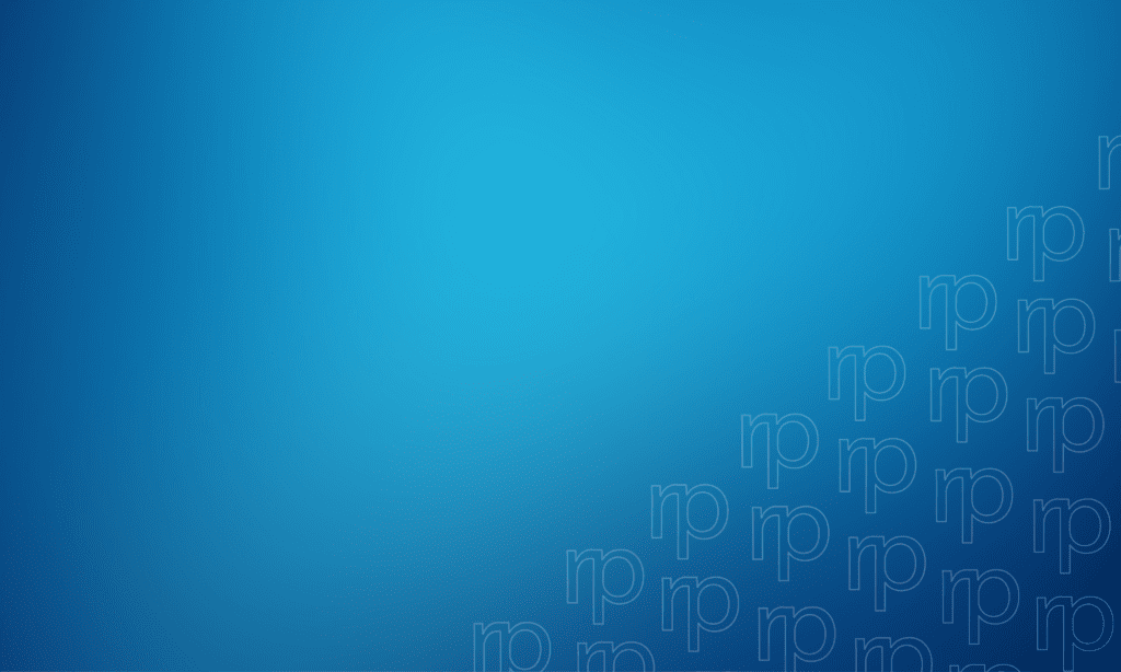 Gradient blue background with repeated, thin-outlined rp letters—subtly referencing Radiology Partners—arranged diagonally in the lower right corner, fading as they move upward and left.