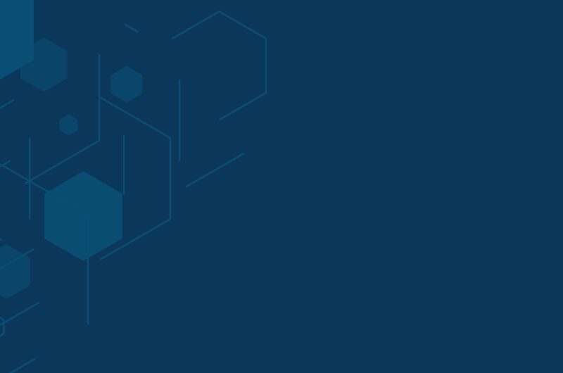 A dark blue background with various hexagonal shapes and lines clustered on the left side, representing rad to rad learning, gradually fading into open space on the right.