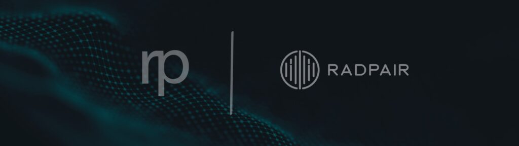 Dark background with a subtle digital wave pattern, displaying rp and a vertical line, followed by the RADPAIR logo and the word RADPAIR in modern, gray text—reflecting innovation and the impact of AI in radiology.